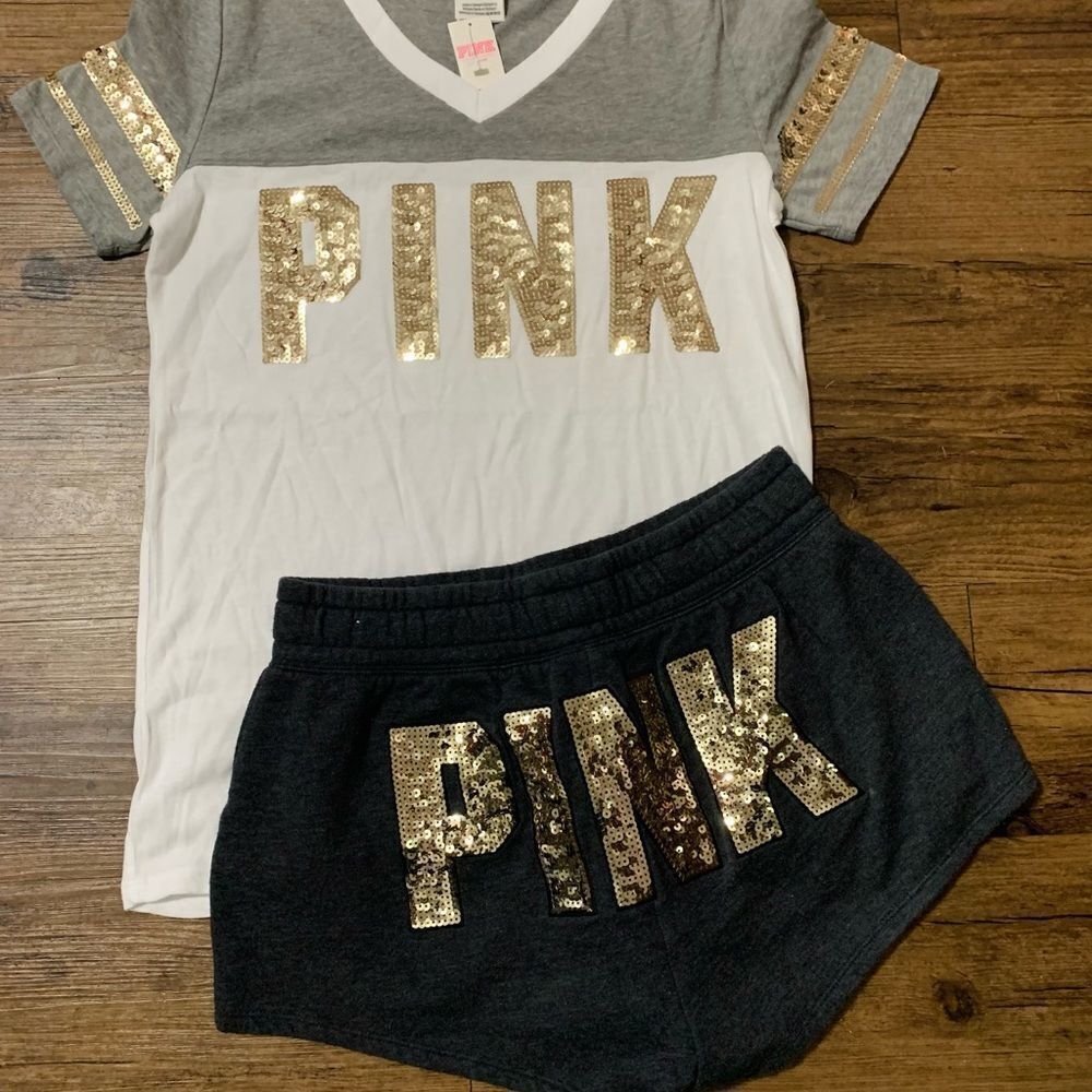 VS PINK BLING EVERYDAY TSHIRT/ RETRO SHORTS OUTFIT SET S